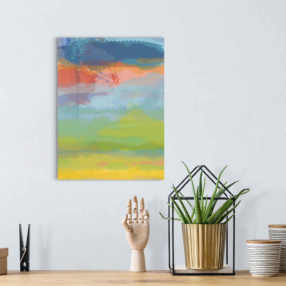 A bohemian room featuring Abstract contemporary painting in layers of blue, coral, green, and yellow, resembling a sunset sky.