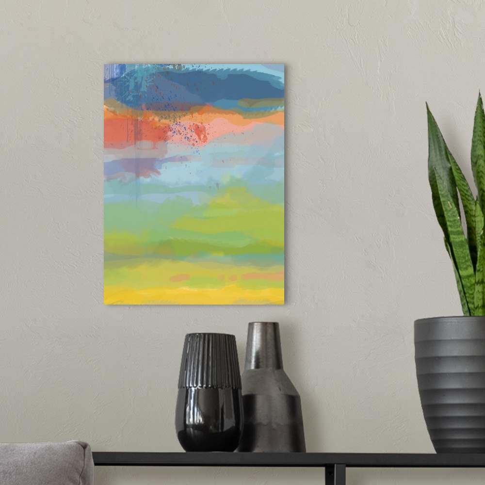 A modern room featuring Abstract contemporary painting in layers of blue, coral, green, and yellow, resembling a sunset sky.