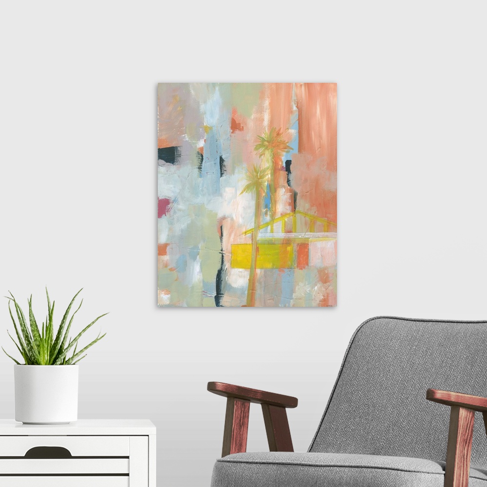 A modern room featuring Contemporary abstract painting in shades of orange and blue, with subtle palm tree shapes.