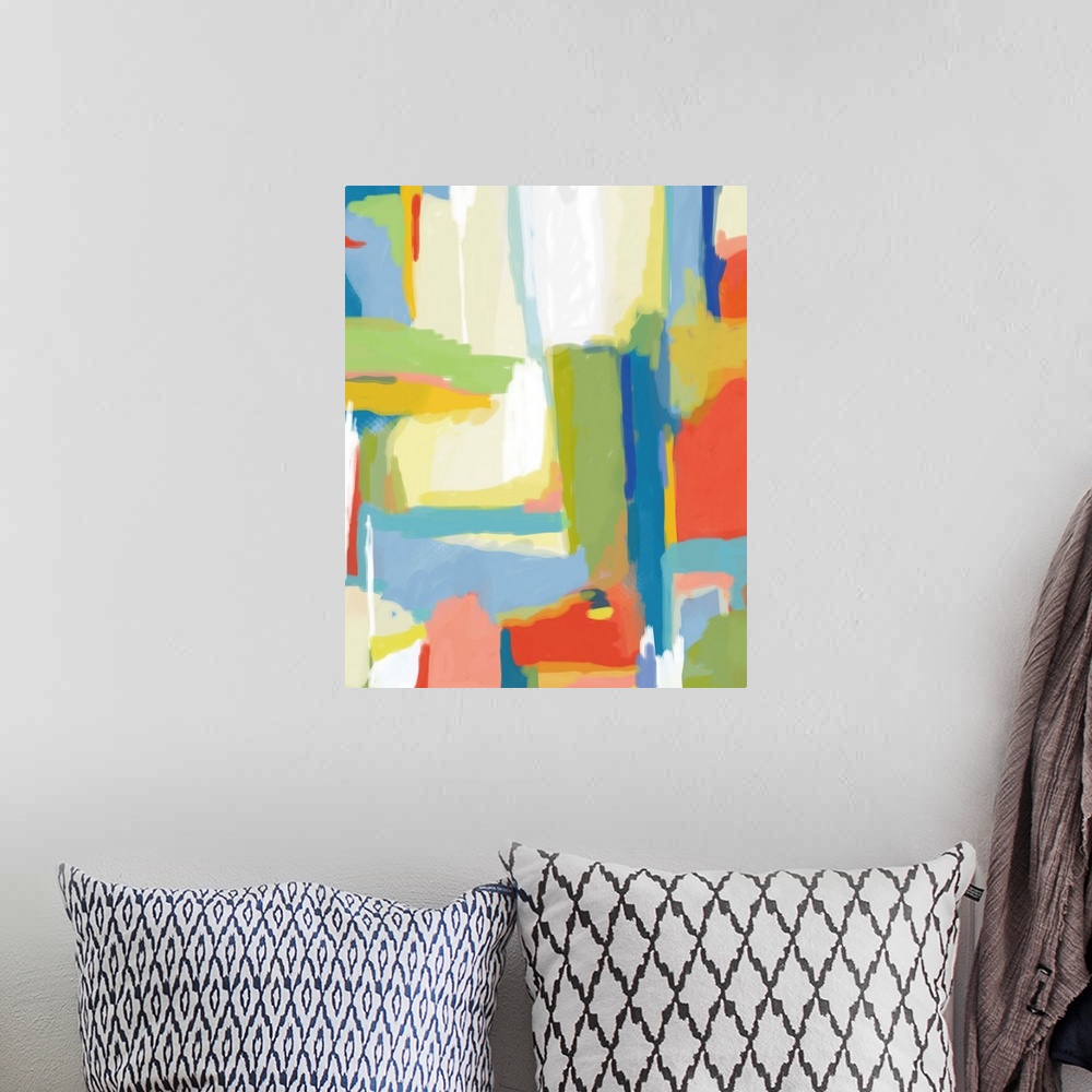 A bohemian room featuring A contemporary abstract with bright colors that pop to give it a modern feel. It contains differe...