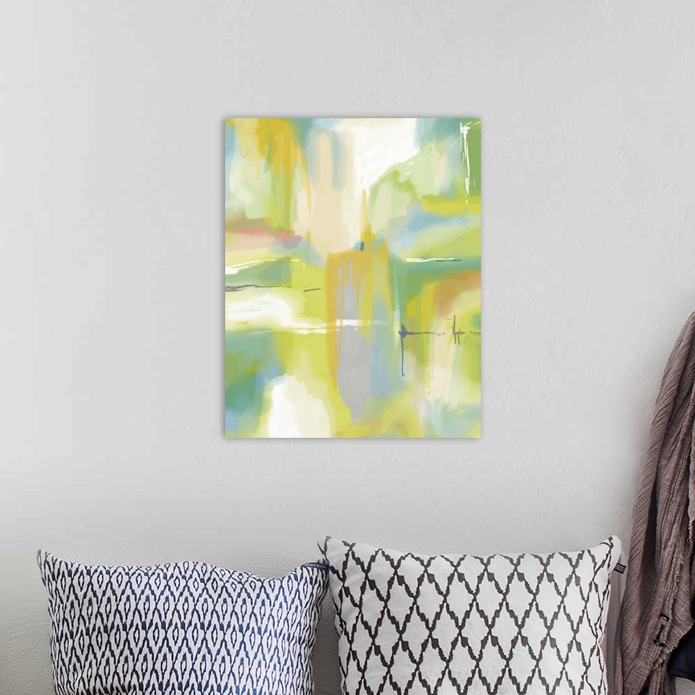A bohemian room featuring A contemporary abstract with dripping yellow hues and shades of green and blue throughout.