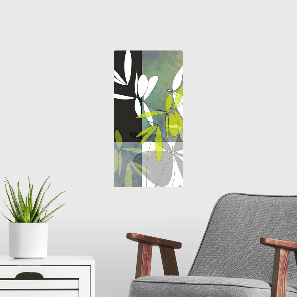 A modern room featuring Art print created from original illustrations of leaves and rendered digitally with layers and te...