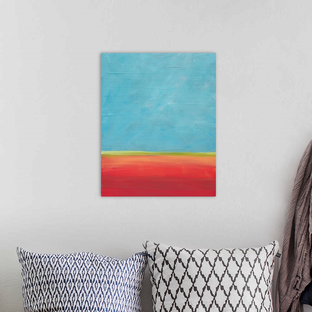 A bohemian room featuring A blue sky and a calm horizon come together in this landscape painting. Red earth and open space.