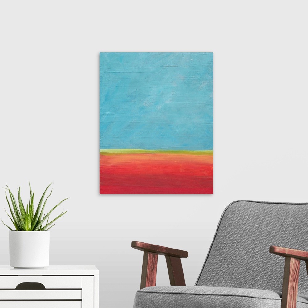 A modern room featuring A blue sky and a calm horizon come together in this landscape painting. Red earth and open space.