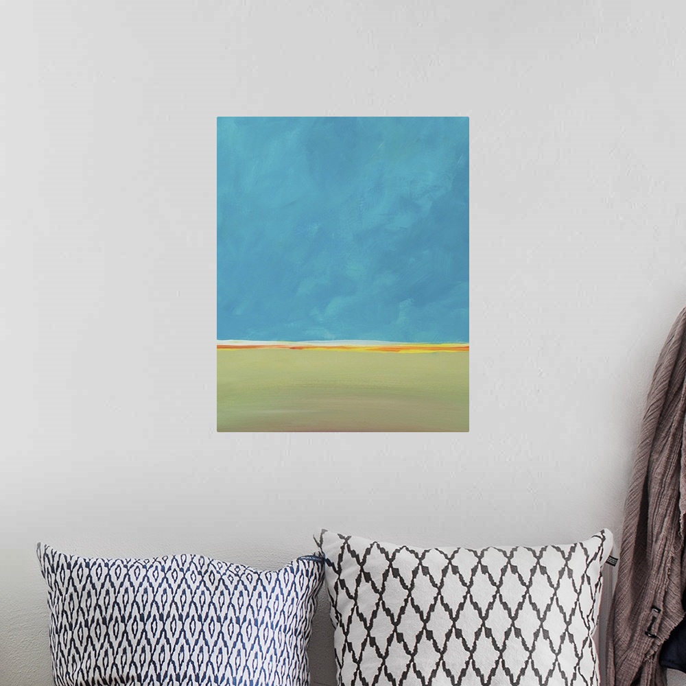 A bohemian room featuring A blue sky and a calm horizon come together in this landscape painting. Green earth and open space.