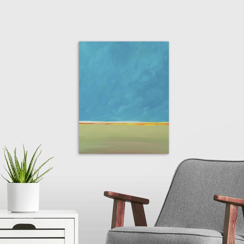 A modern room featuring A blue sky and a calm horizon come together in this landscape painting. Green earth and open space.