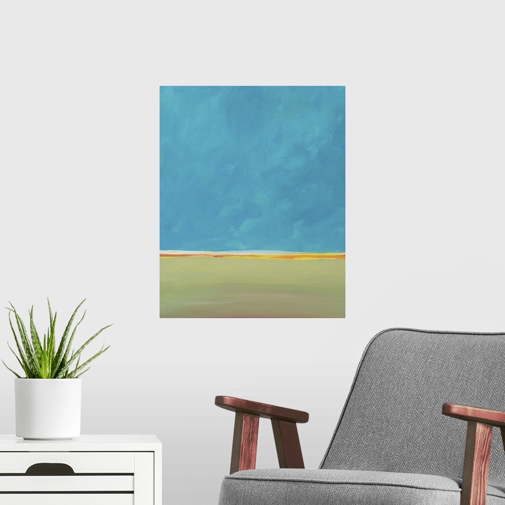 A modern room featuring A blue sky and a calm horizon come together in this landscape painting. Green earth and open space.