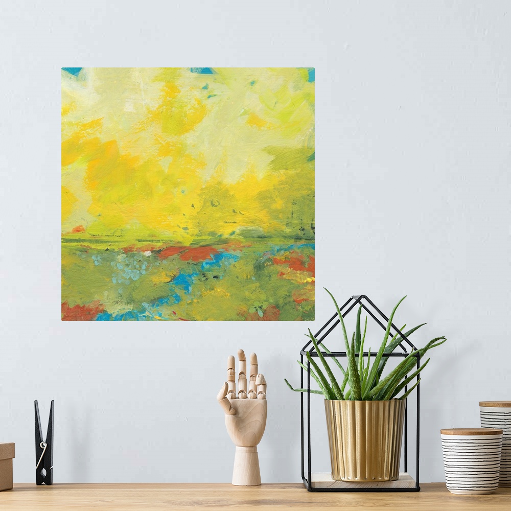 A bohemian room featuring Giant, square abstract painting of earth and sky meeting.  Golden warm colors of the sky meet a h...
