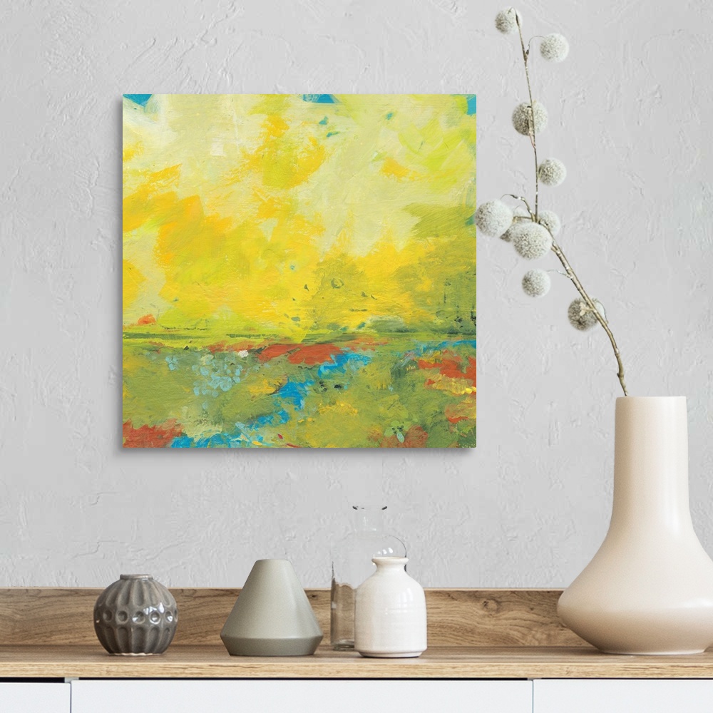 A farmhouse room featuring Giant, square abstract painting of earth and sky meeting.  Golden warm colors of the sky meet a h...