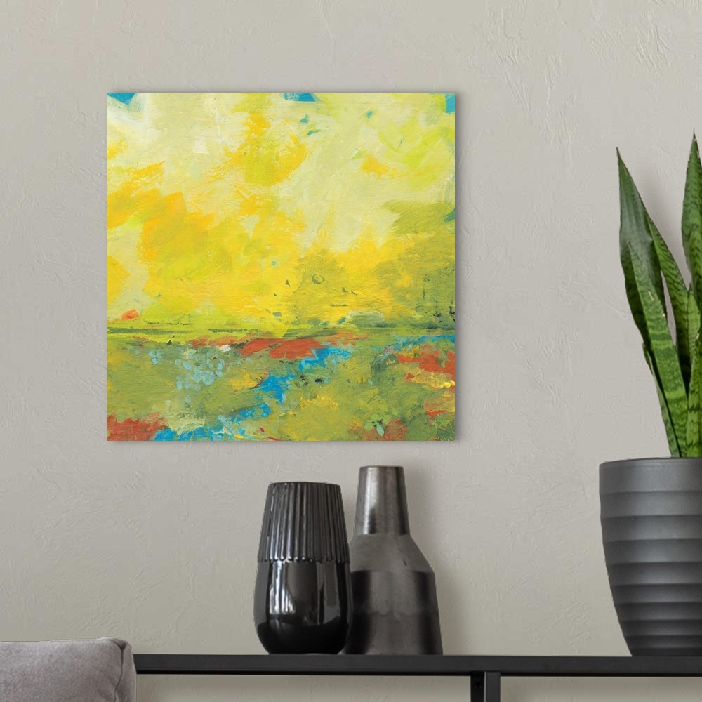 A modern room featuring Giant, square abstract painting of earth and sky meeting.  Golden warm colors of the sky meet a h...