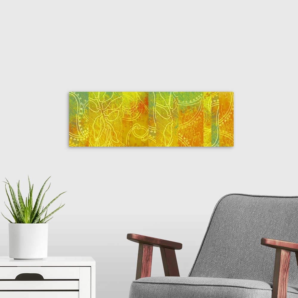 A modern room featuring Long horizontal painting on canvas of different patterns outlined on top of  a gradient of bright...