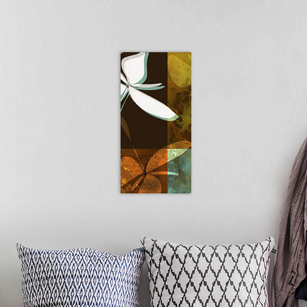 A bohemian room featuring Abstract artwork of flowers that are layered to provide dimension to the piece with four differen...