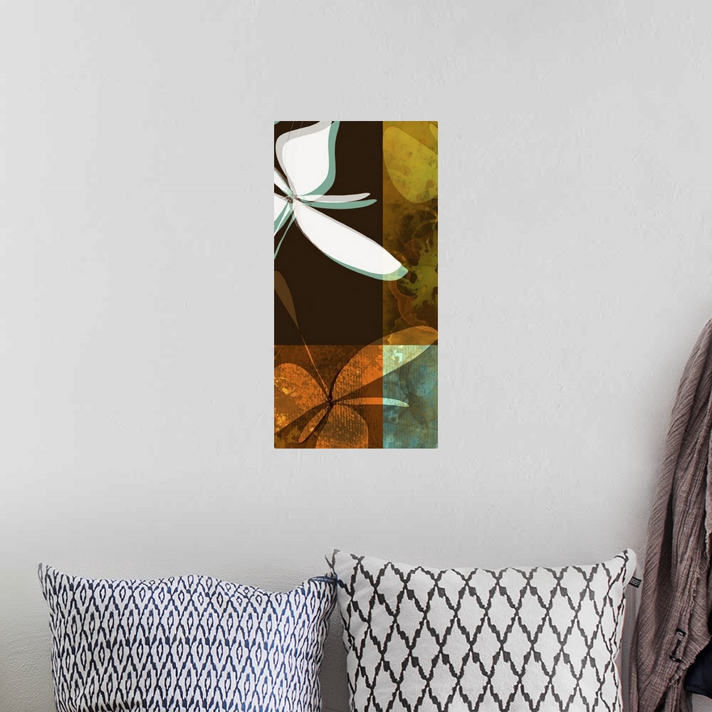 A bohemian room featuring Abstract artwork of flowers that are layered to provide dimension to the piece with four differen...