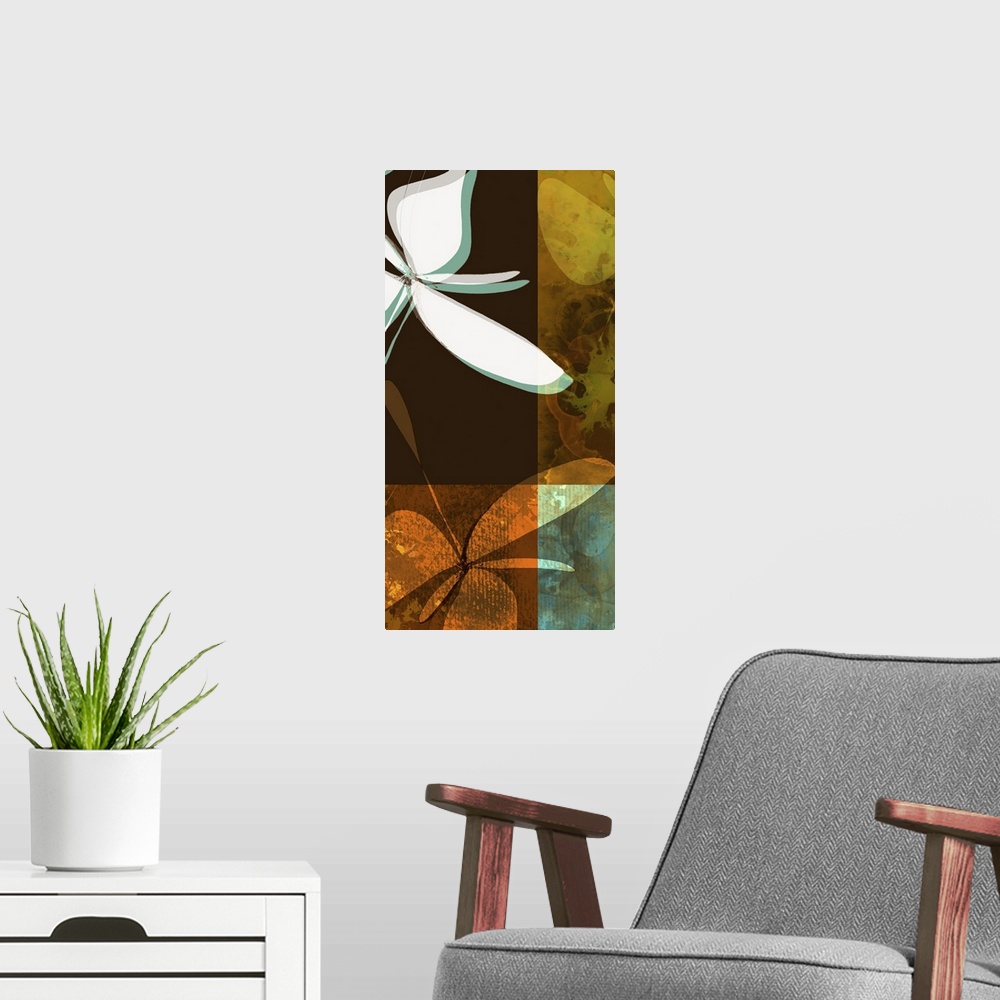 A modern room featuring Abstract artwork of flowers that are layered to provide dimension to the piece with four differen...