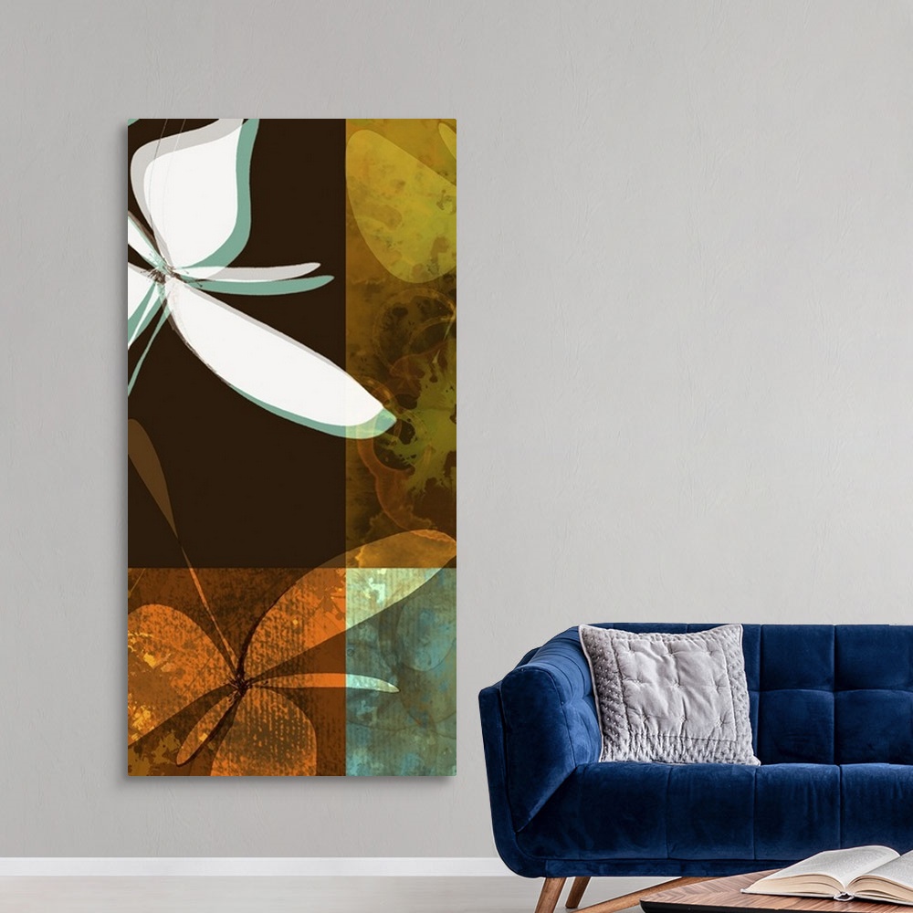 A modern room featuring Abstract artwork of flowers that are layered to provide dimension to the piece with four differen...