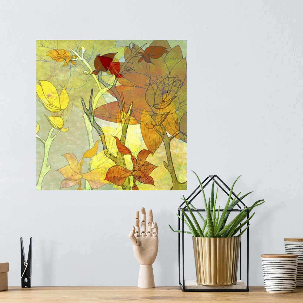 A bohemian room featuring Contemporary abstract art of multicolored flowers and branches on a square canvas.