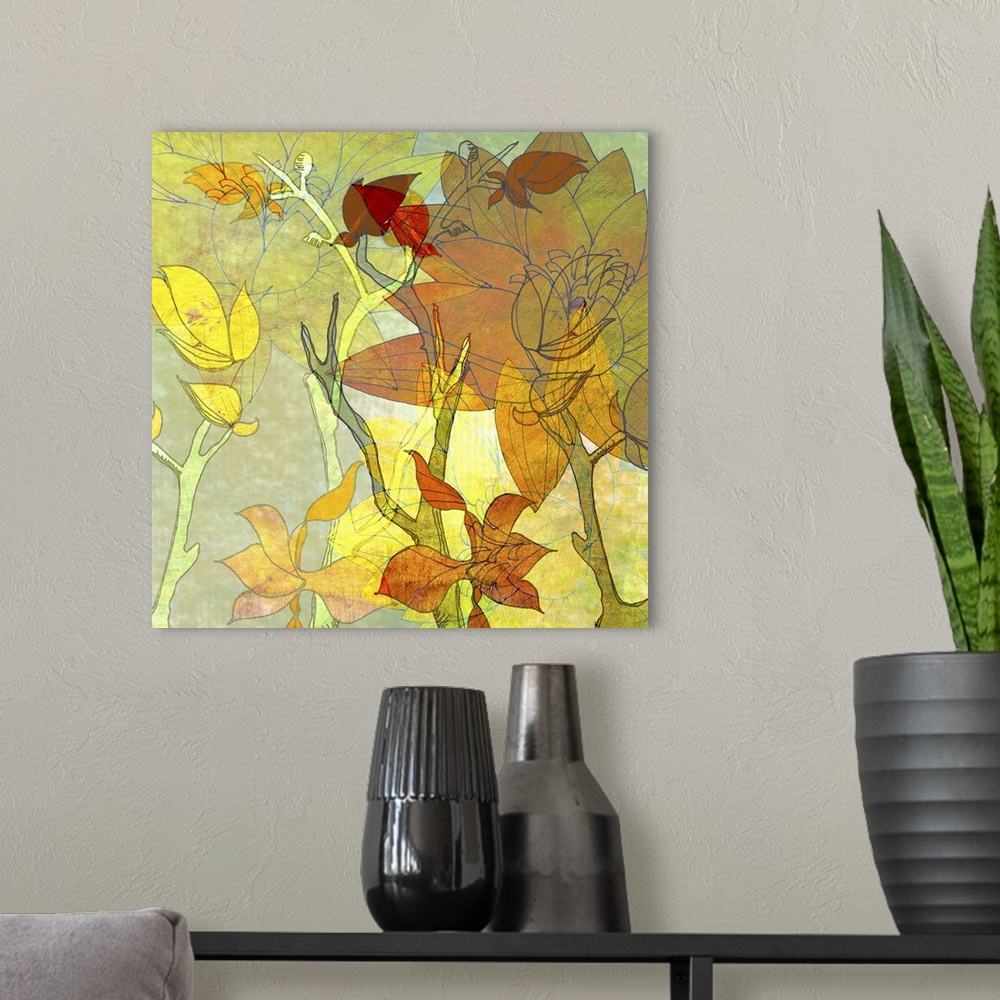 A modern room featuring Contemporary abstract art of multicolored flowers and branches on a square canvas.