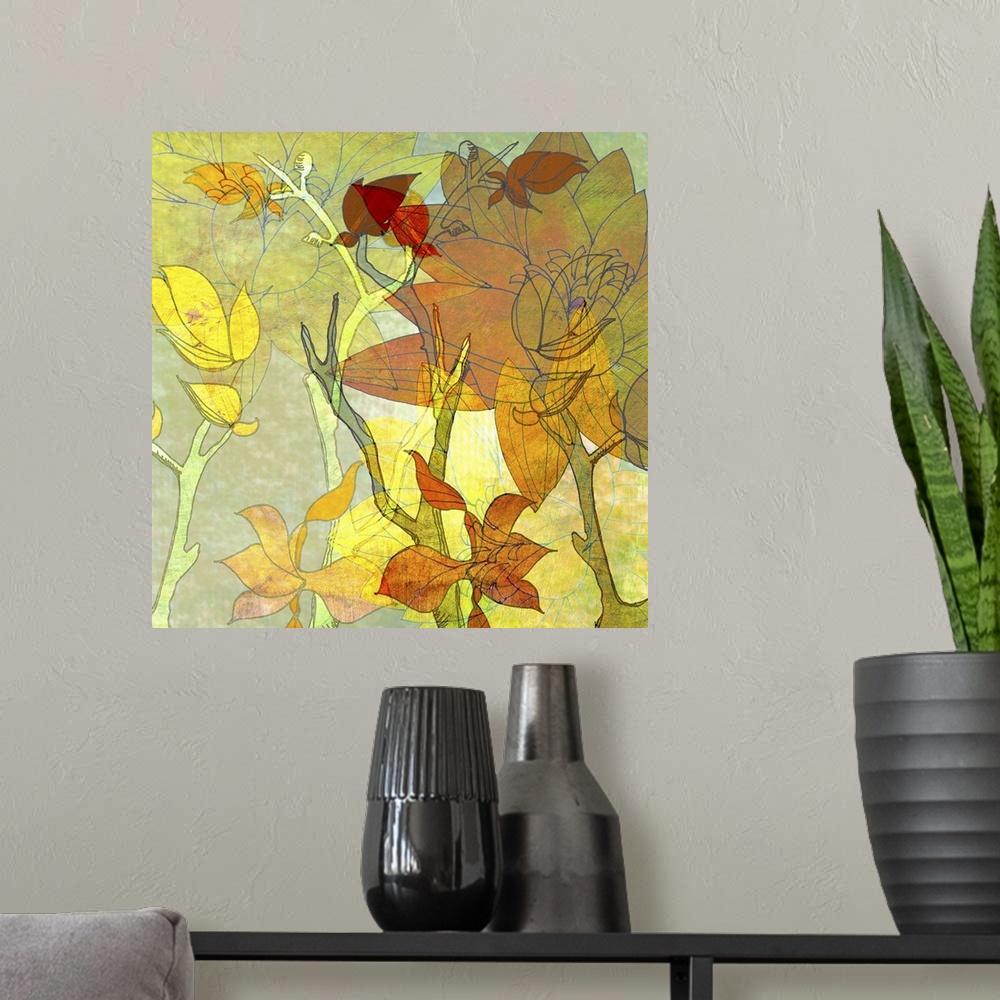 A modern room featuring Contemporary abstract art of multicolored flowers and branches on a square canvas.