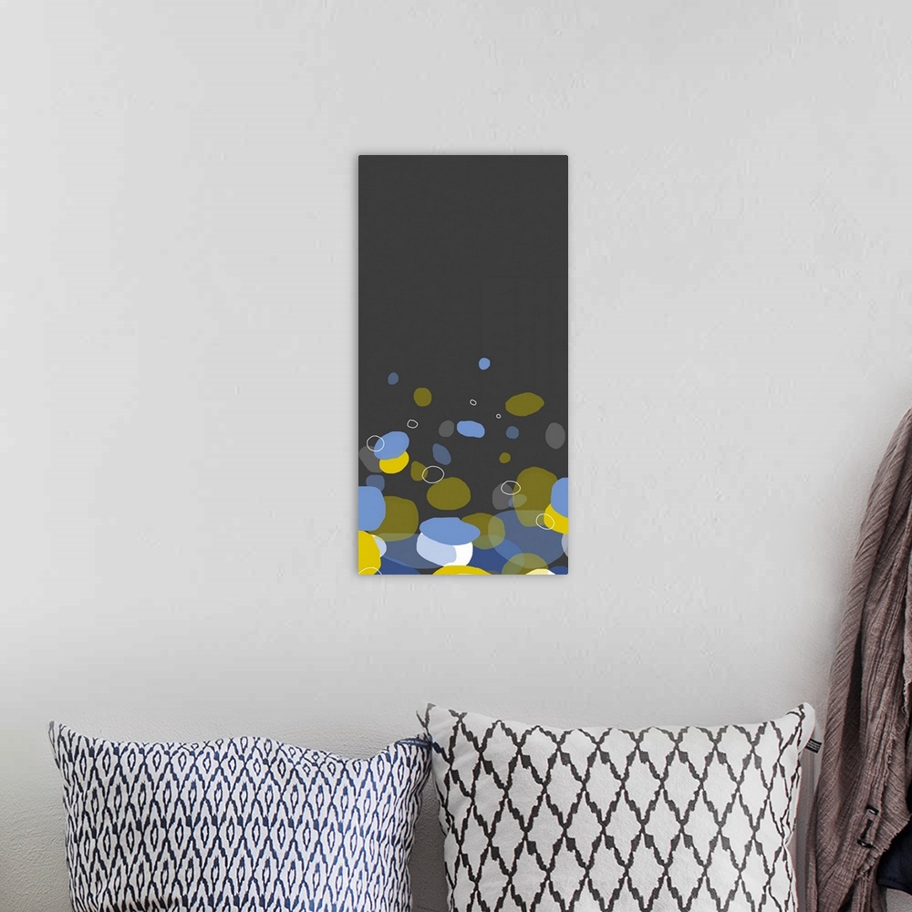 A bohemian room featuring This canvas is a pop art print inspired by the shapes of falling rocks.