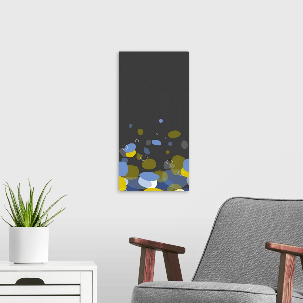 A modern room featuring This canvas is a pop art print inspired by the shapes of falling rocks.