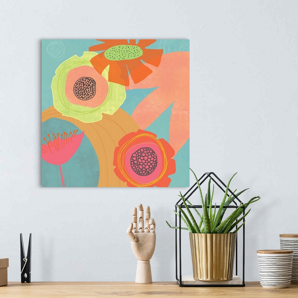 A bohemian room featuring Pop flowers floating in a soft aqua background. Bright pink and yellow and orange jump out ion th...
