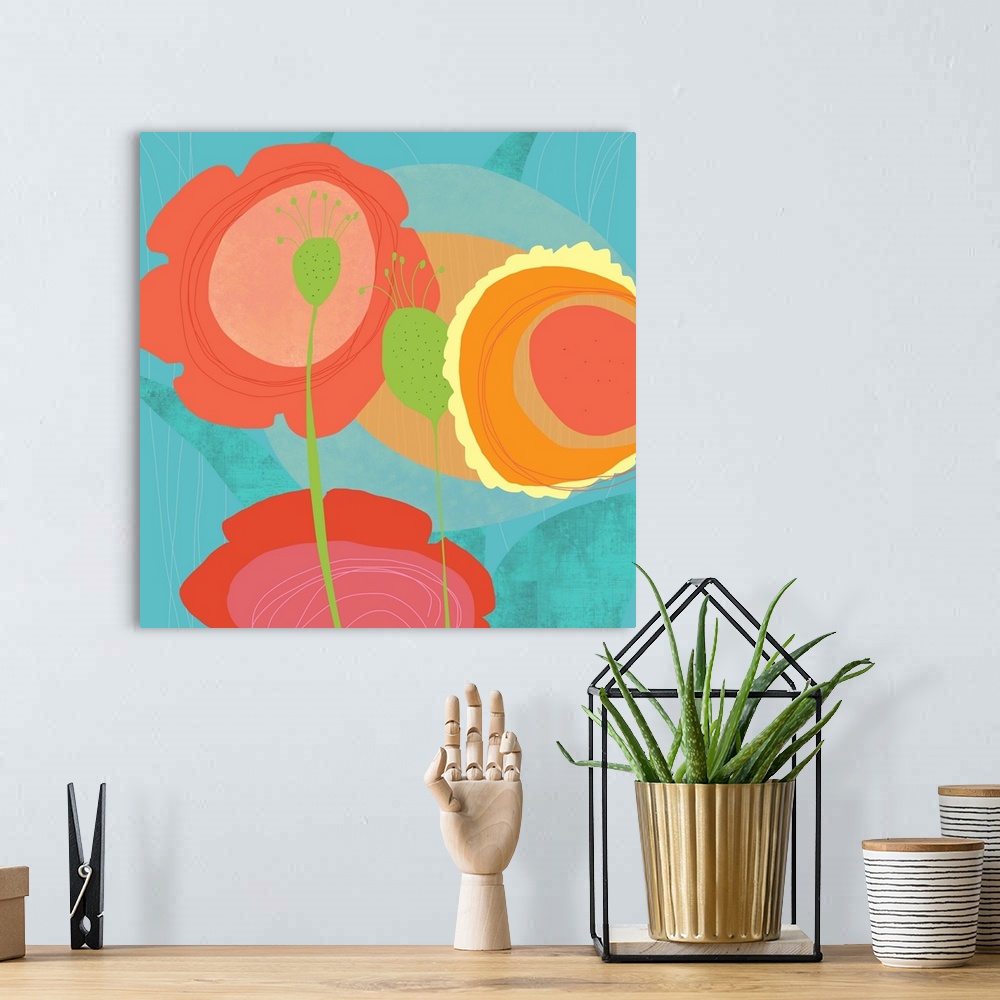 A bohemian room featuring Pop flowers floating in a soft aqua background. Bright pink and yellow and orange jump out ion th...