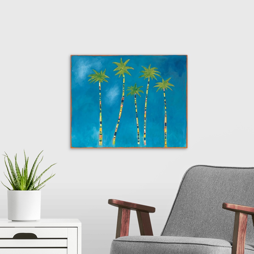 A modern room featuring A contemporary painting of a group of palm trees with multi-colored tree trunks and bright green ...