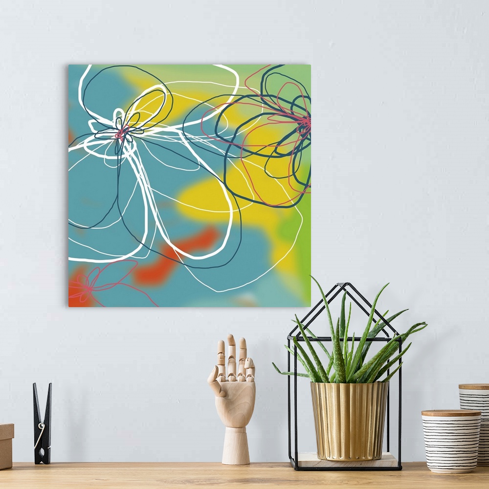 A bohemian room featuring a digital floral inspired by water. This piece, and its companion pieces would be perfect for res...