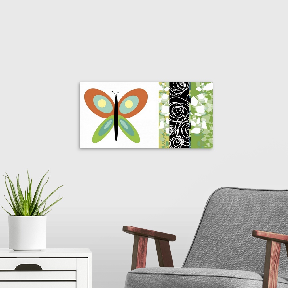 A modern room featuring A butterfly mixes with an array of colors and textures. This piece pairs up nicely with Fly Away ...