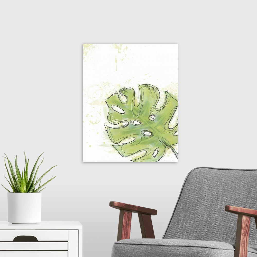 A modern room featuring A contemporary abstract of the outline of a leaf illustrated with squiggly black lines and green ...