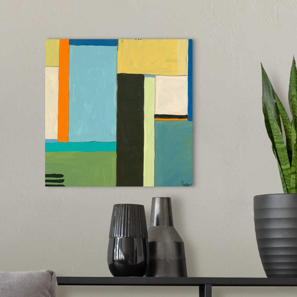 A modern room featuring An acrylic painting on archival matboard. Geometric shapes meeting together.