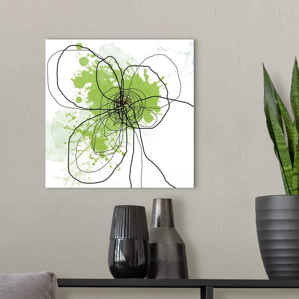 A modern room featuring Oversized, square, abstract art of the outline of a flower illustrated with squiggly black lines ...