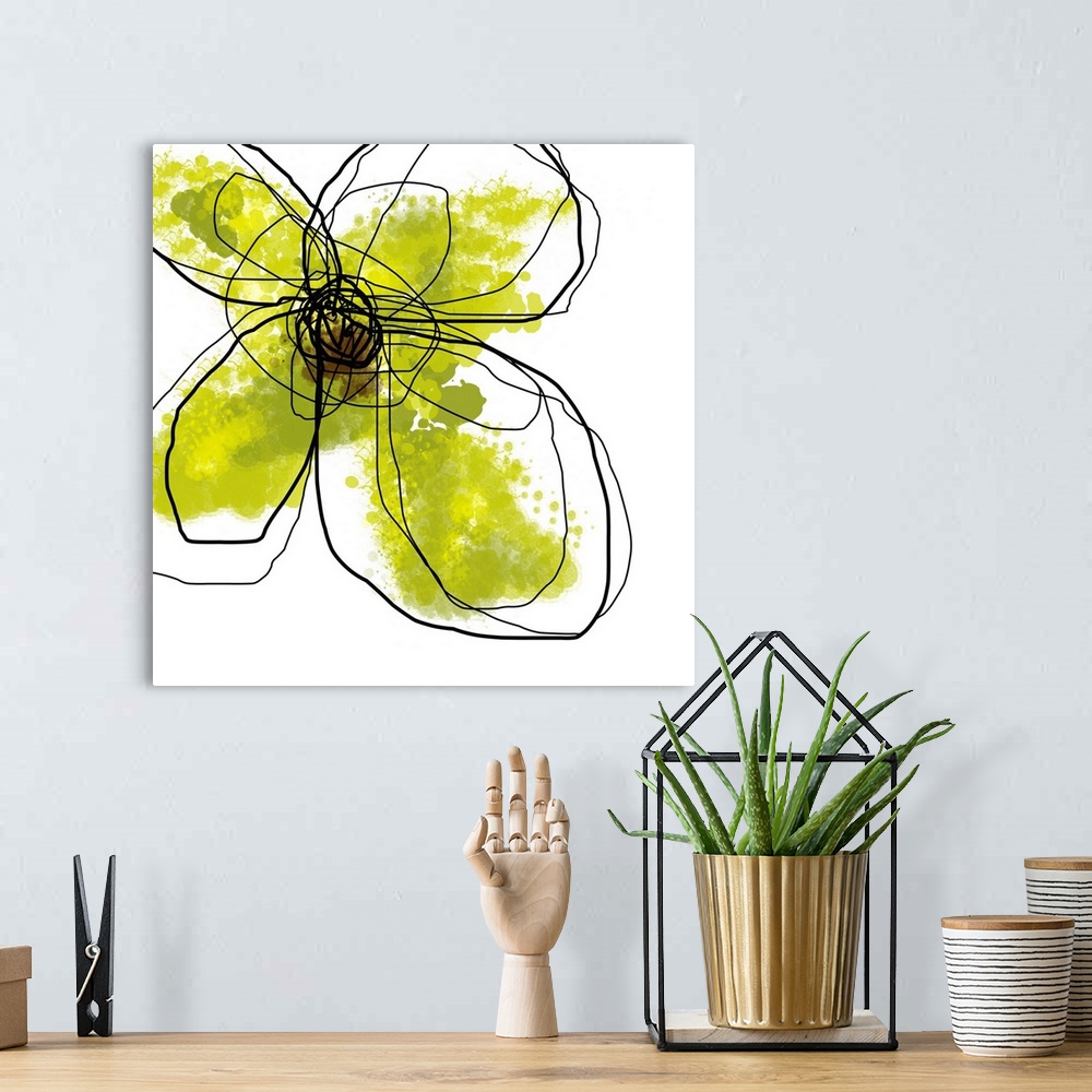 A bohemian room featuring Oversized, contemporary, square wall hanging of large, splotchy green flower surrounded by scribb...