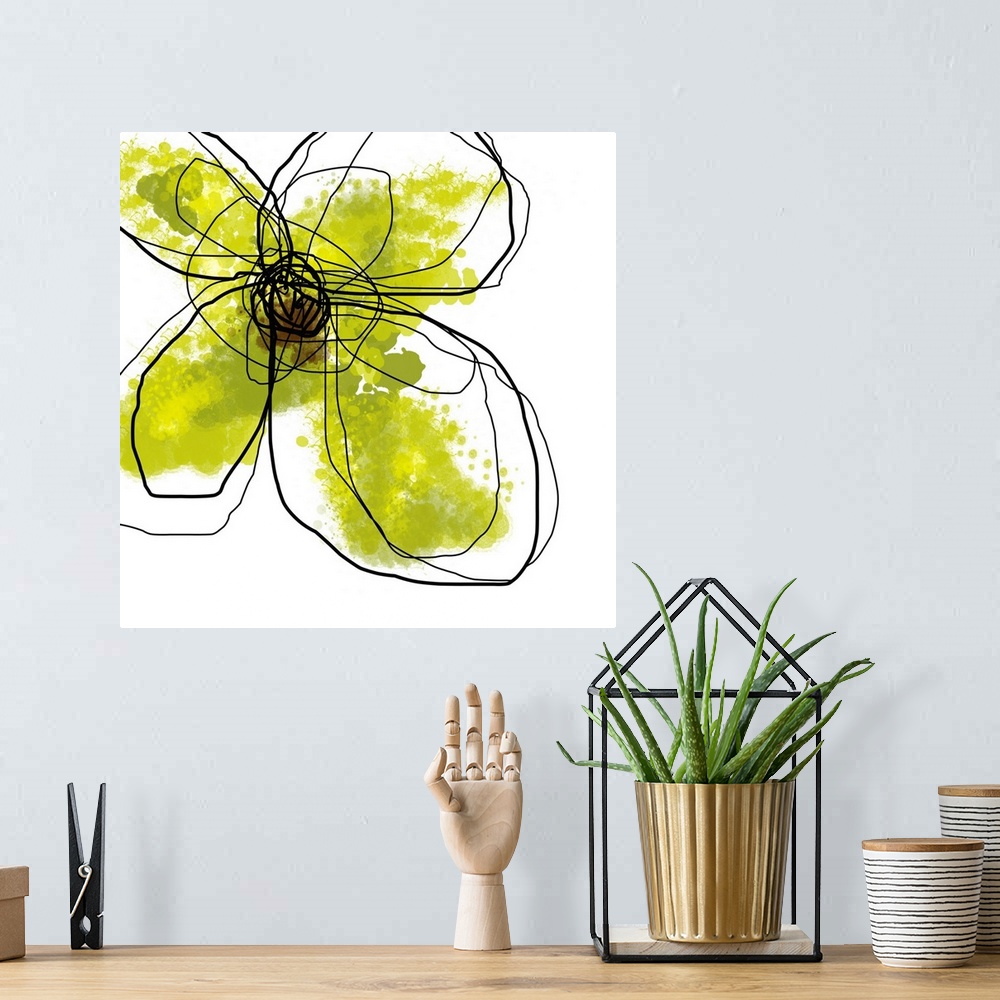 A bohemian room featuring Oversized, contemporary, square wall hanging of large, splotchy green flower surrounded by scribb...