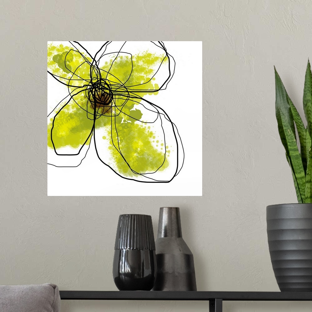 A modern room featuring Oversized, contemporary, square wall hanging of large, splotchy green flower surrounded by scribb...