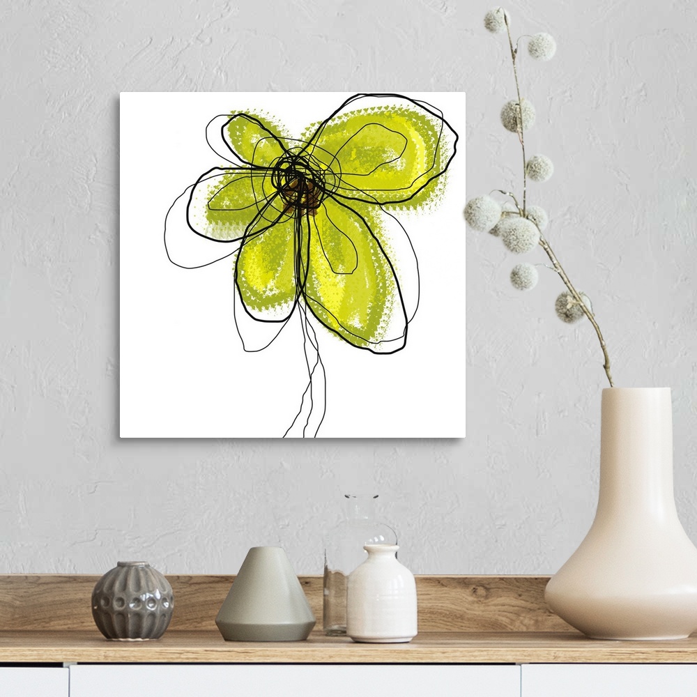 A farmhouse room featuring This contemporary art work depicts a blossom created with digital brushstrokes on a square shaped...