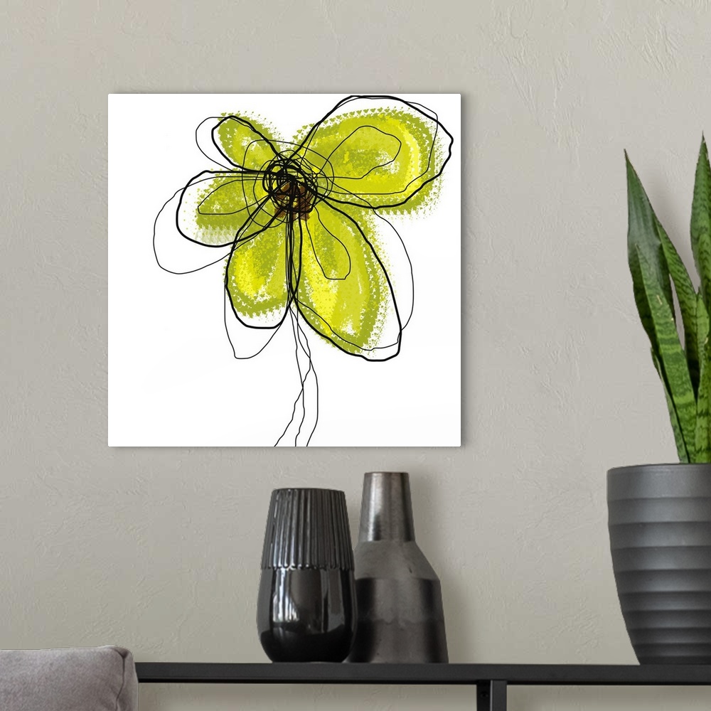 A modern room featuring This contemporary art work depicts a blossom created with digital brushstrokes on a square shaped...