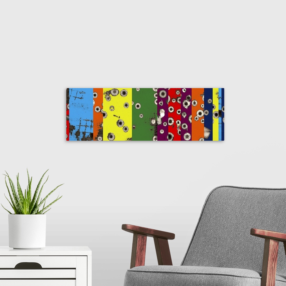 A modern room featuring An abstract piece of artwork with various color blocks running vertically through the panoramic p...