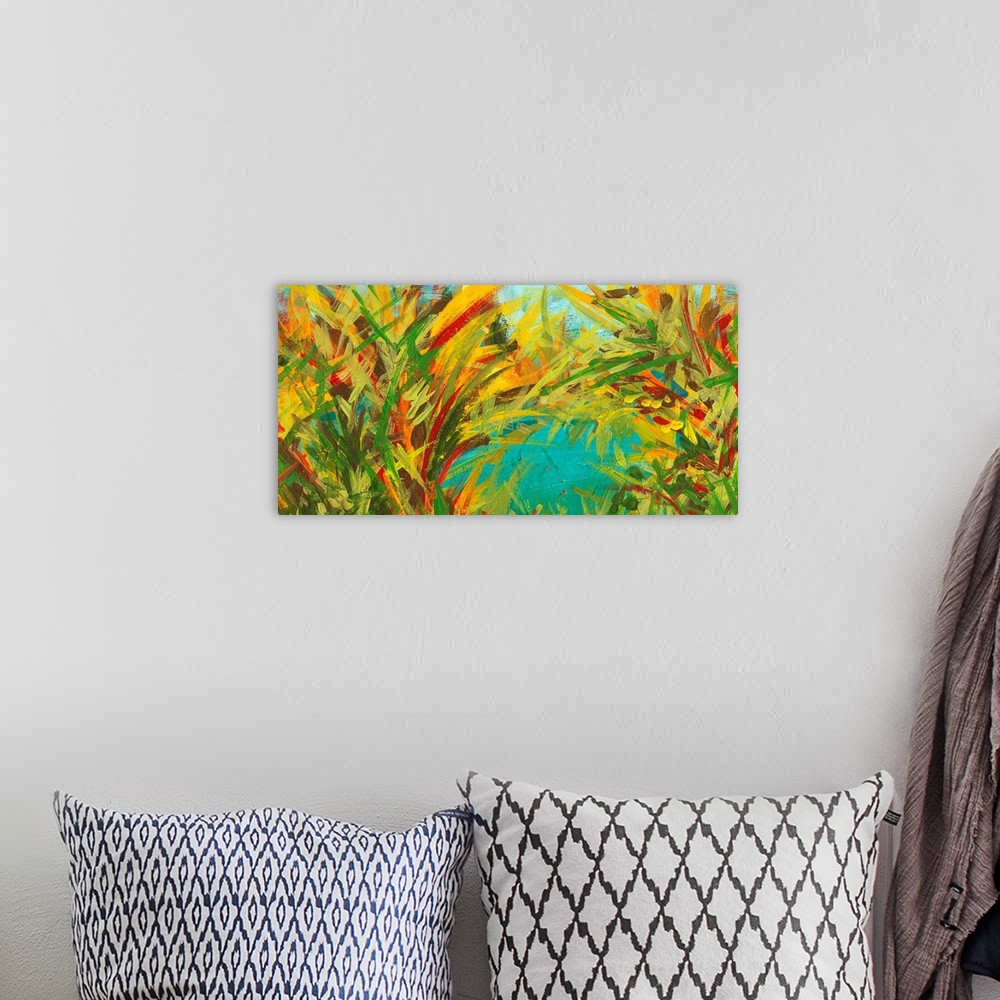 A bohemian room featuring This landscape shaped decorative wall art is an abstract painting with brush strokes and colors t...