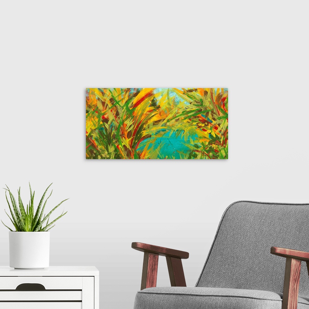 A modern room featuring This landscape shaped decorative wall art is an abstract painting with brush strokes and colors t...