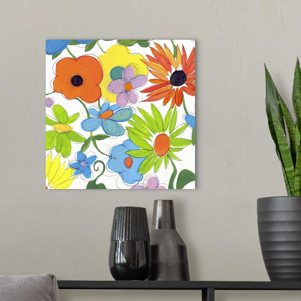 A modern room featuring Bright painting of different flowers on a square white canvas.