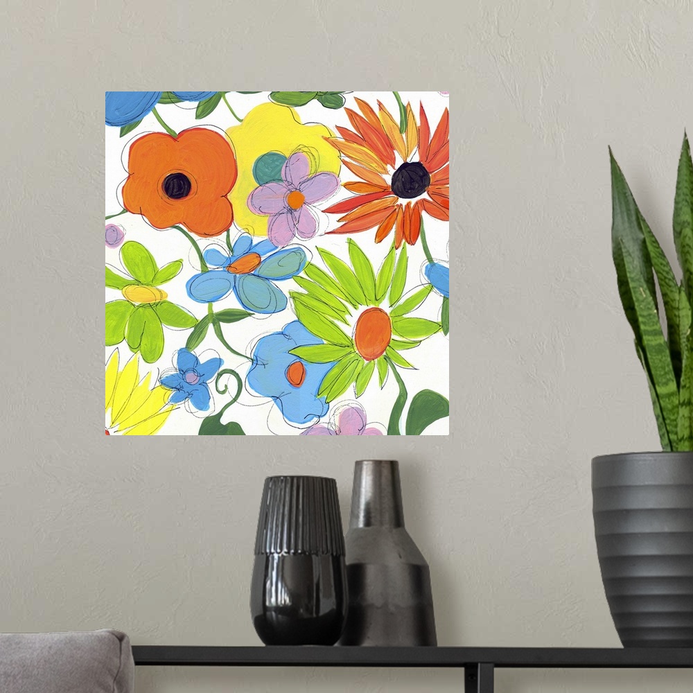 A modern room featuring Bright painting of different flowers on a square white canvas.