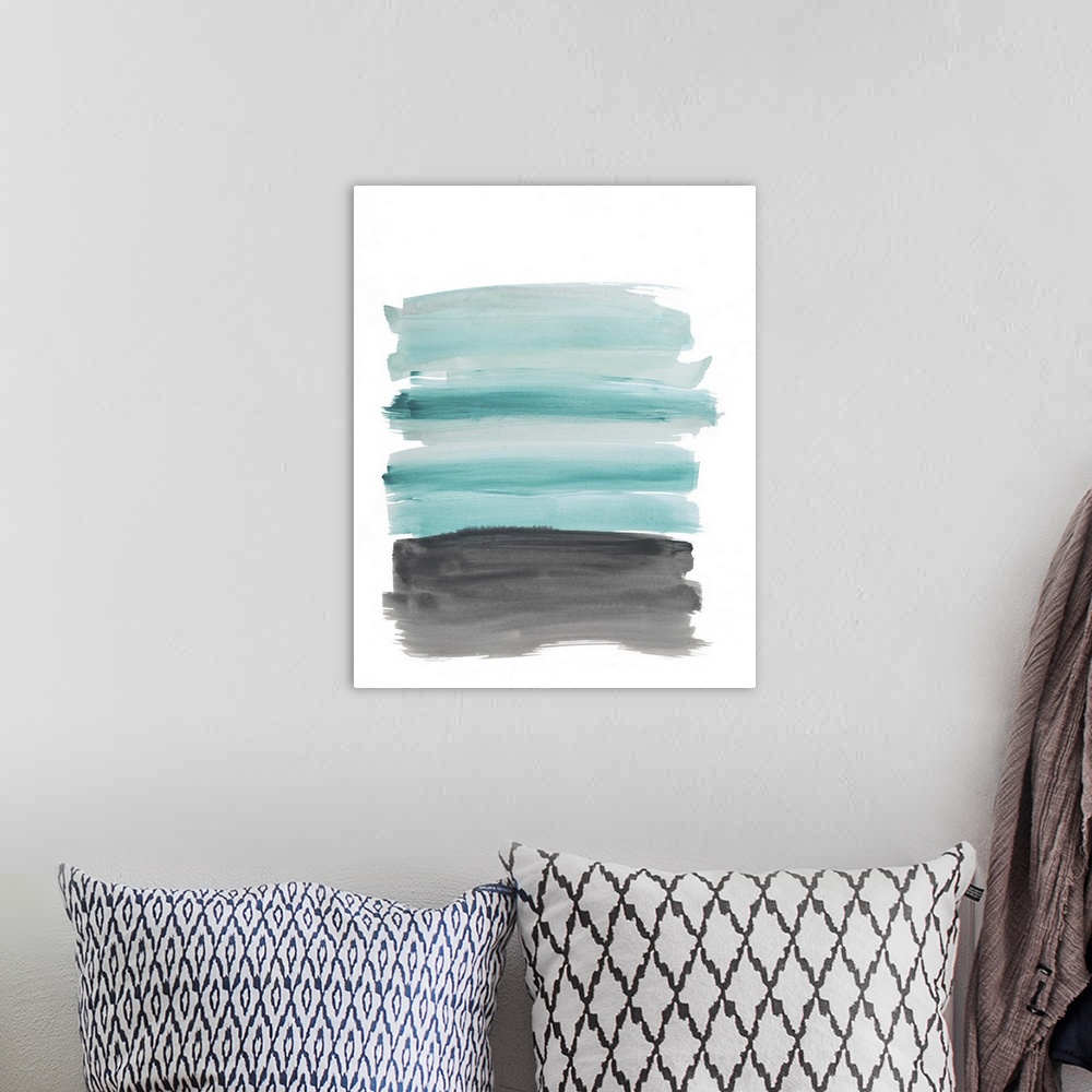 A bohemian room featuring Vertical abstract landscape painting of an ocean using sweeping horizontal brush strokes in blue ...