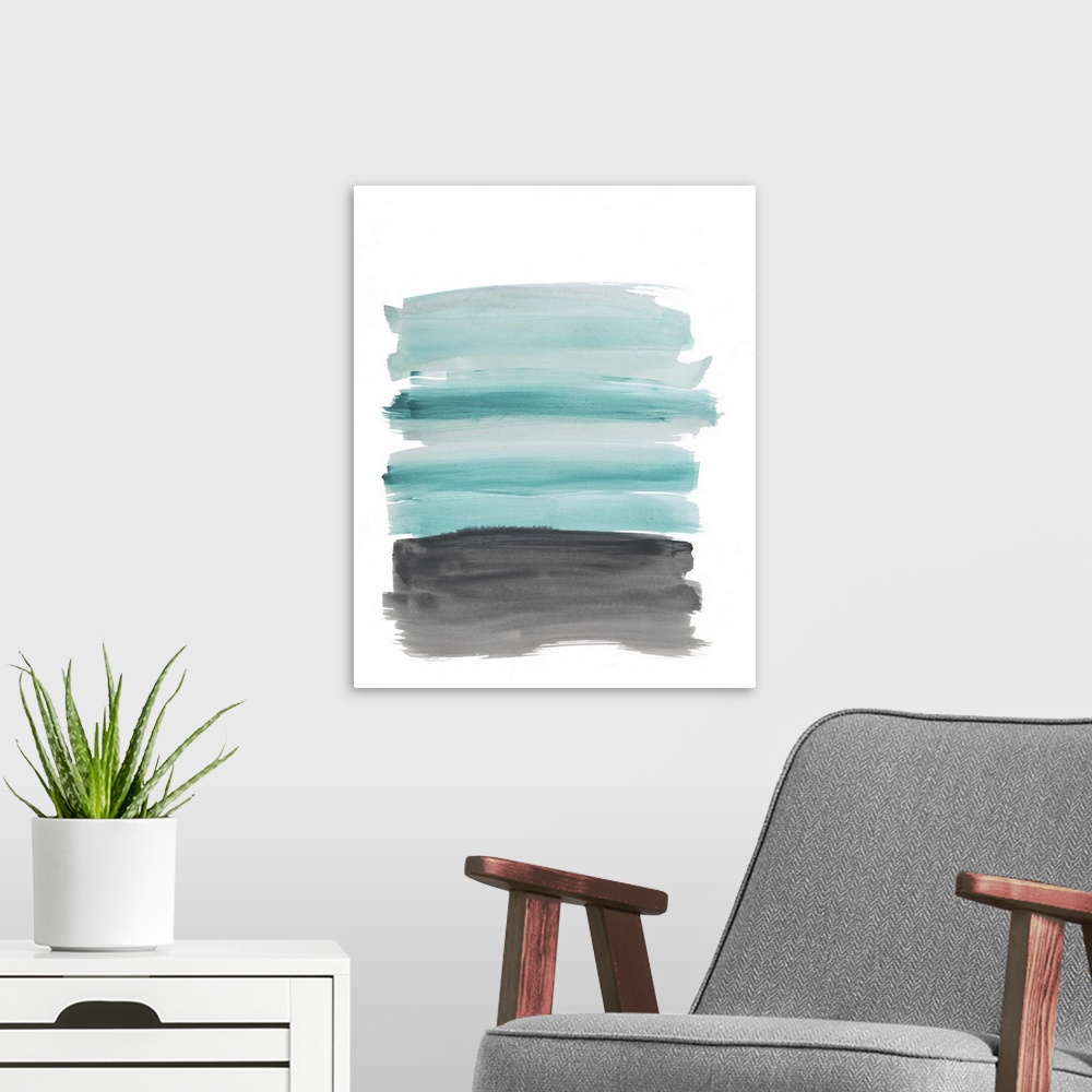 A modern room featuring Vertical abstract landscape painting of an ocean using sweeping horizontal brush strokes in blue ...