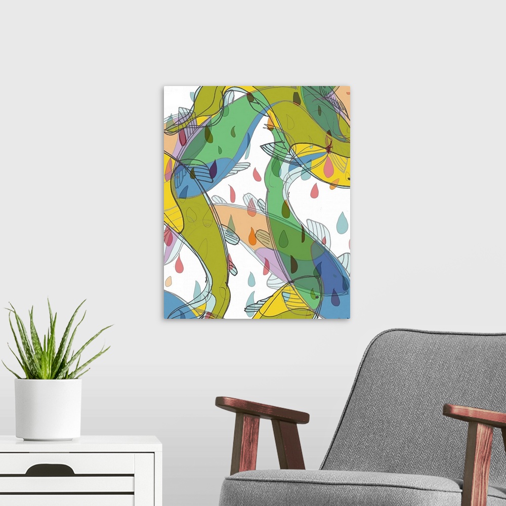 A modern room featuring Vertical digital artwork for a living room or office of layered, vibrant koi fish on a white back...