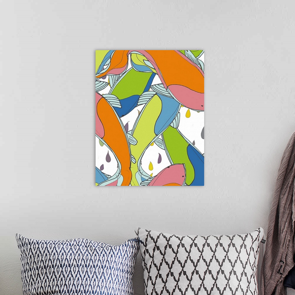 A bohemian room featuring A digital image of bright koi. This piece would work well in an office setting, family room lobby...