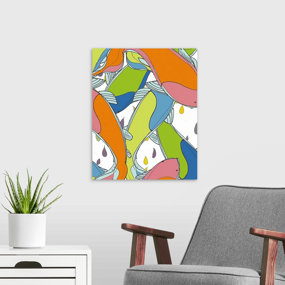 A modern room featuring A digital image of bright koi. This piece would work well in an office setting, family room lobby...