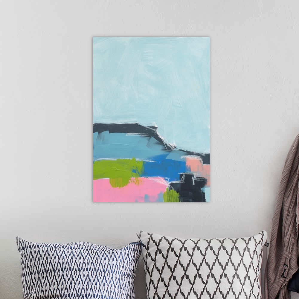A bohemian room featuring Abstract landscape painting in cool shades of blue, green, and pink.