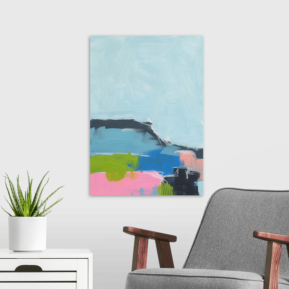A modern room featuring Abstract landscape painting in cool shades of blue, green, and pink.