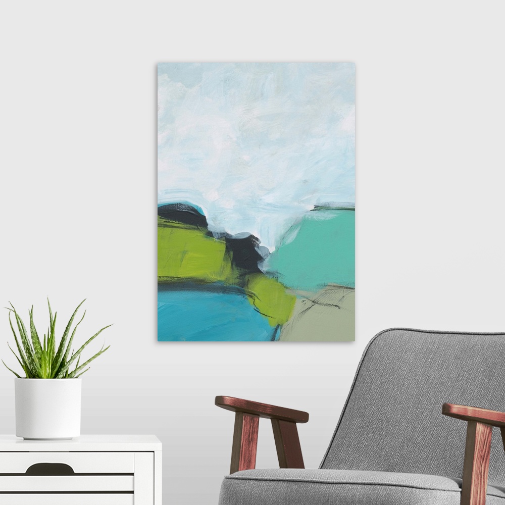 A modern room featuring Abstract landscape painting in cool shades of blue, green, and grey.